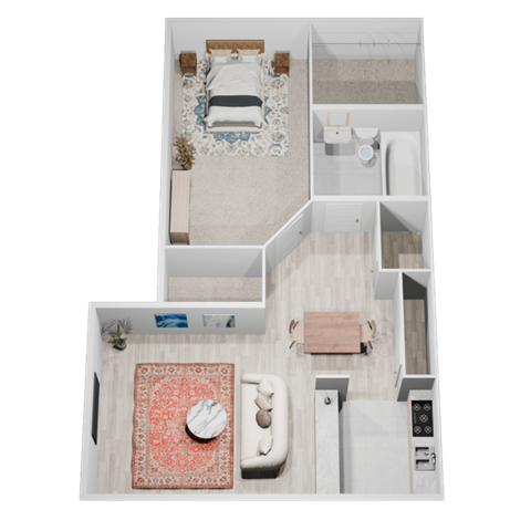 A top-down view of a small, neatly organized apartment with a bedroom, living room, and bathroom.